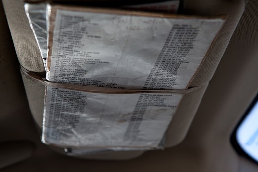 Maisel keeps a laminated list of police precinct radio codes on his visor, although he knows most codes by heart.